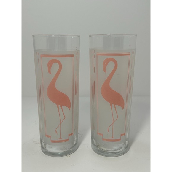 The Unbranded Brand Other - Set of 2 Vtg Glasses Pink flamingo frostedmdrinking glass bird glass Highball